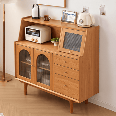 Scandinavian Oak Solid Wood Sideboard With Arched Glass Doors And Drawers For Kitchen