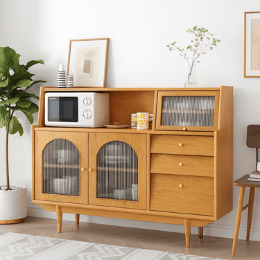 Scandinavian Oak Solid Wood Sideboard With Arched Glass Doors And Drawers For Kitchen
