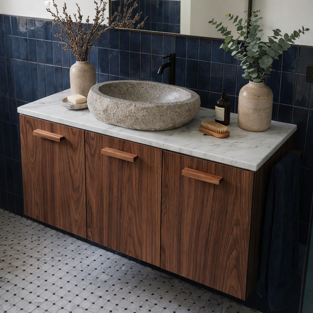 Scandinavian Wooden Bathroom Vanity With Faux Stone Top For Bathroom