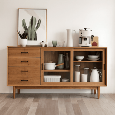 Scandinavian Wooden Sideboard With Drawers And Glass Sliding Doors For Dining Room