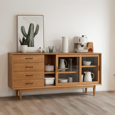 Scandinavian Wooden Sideboard With Drawers And Glass Sliding Doors For Dining Room