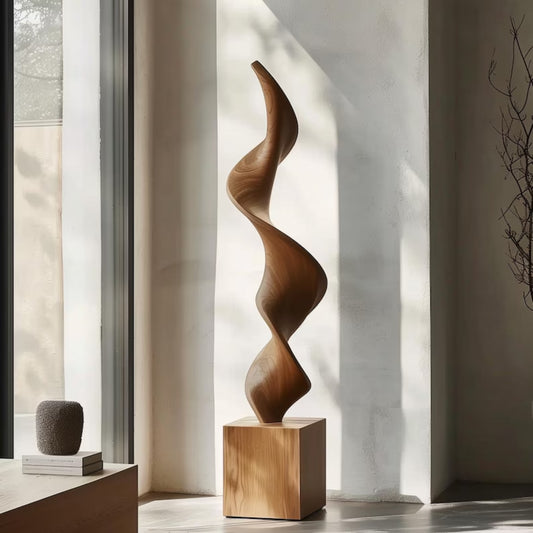 Tall Wooden Spiral Wave Sculpture – Handmade Modern Abstract Solid Wood Floor Art | Elegant Organic Curved Home Decor