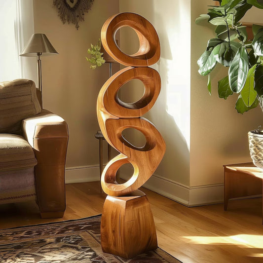 Tall Wooden Abstract Sculpture – Handmade Modern Art with Four Interlinked Hollow Rings | Solid Wood Contemporary Floor Decor