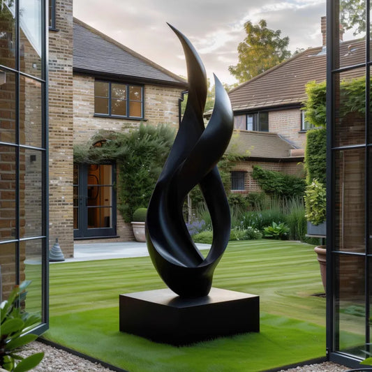Large Black Wooden Flame Sculpture – Modern Abstract Double Twist Design for Garden or Indoor Decor | Handmade Contemporary Art