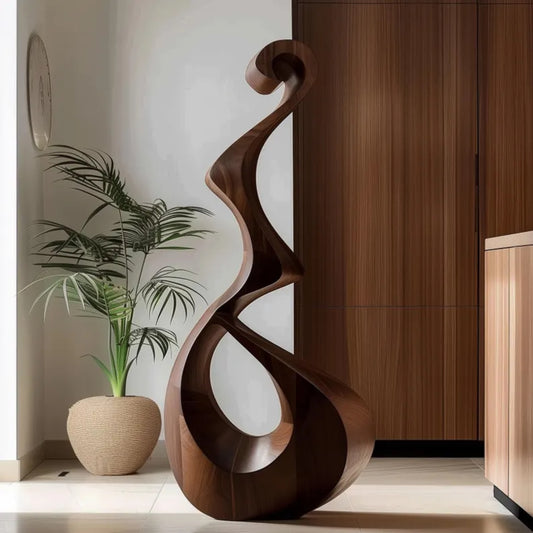 Handmade Wooden Abstract Sculpture – Modern Curved Teardrop Design with Artistic Spiral Top | Solid Wood Contemporary Art Decor