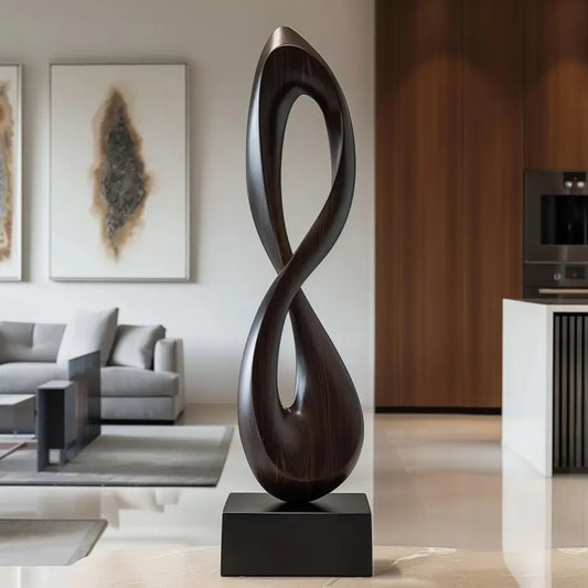 Tall Wooden Infinity Sculpture – Handmade Modern Abstract Dark Wood Loop Design | Solid Wood Contemporary Floor Art Decor