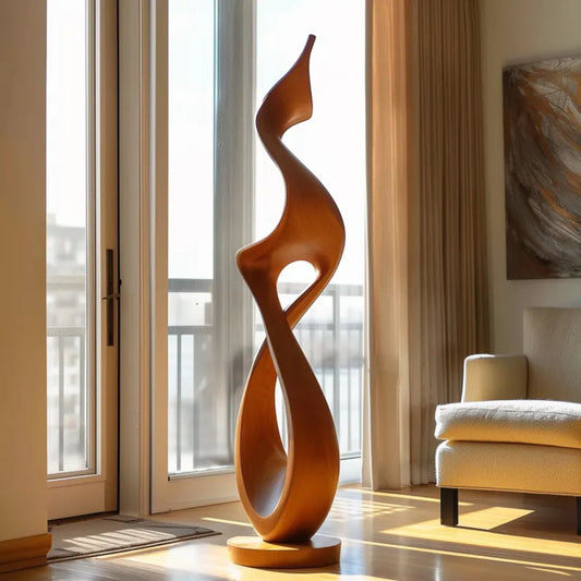 Tall Abstract Wooden Flame Sculpture with Twist Design – Modern Organic Wood Art for Luxury Home and Office Decor
