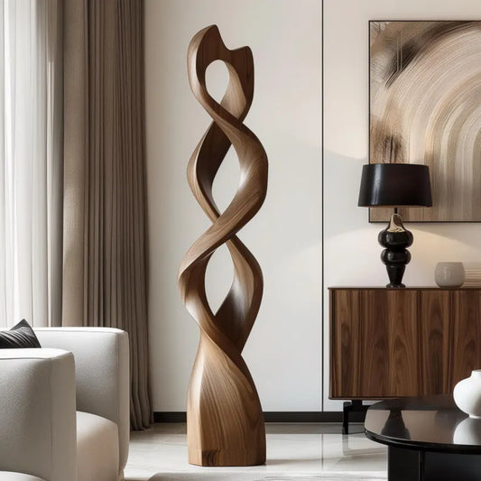 Tall Wooden Double Twist Sculpture – Handmade Modern Abstract Intertwined Form | Solid Wood with Natural Grain Modern Floor Art Decor