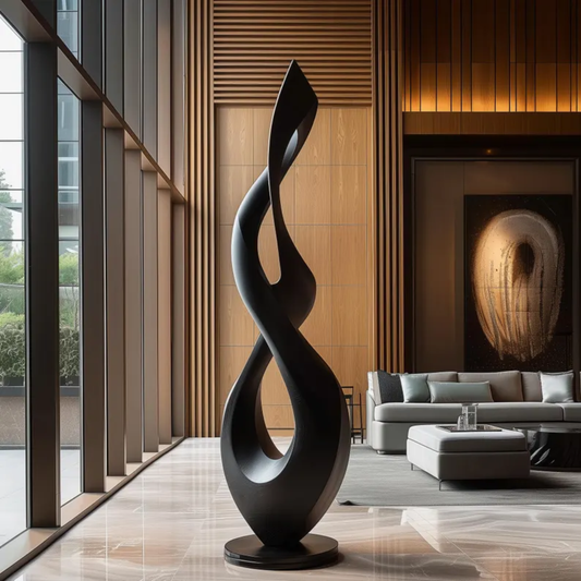 Tall Black Wooden Infinity Sculpture | Modern Abstract Twisted Floor Art | Hand-Carved Contemporary Statement Decor for Home or Office