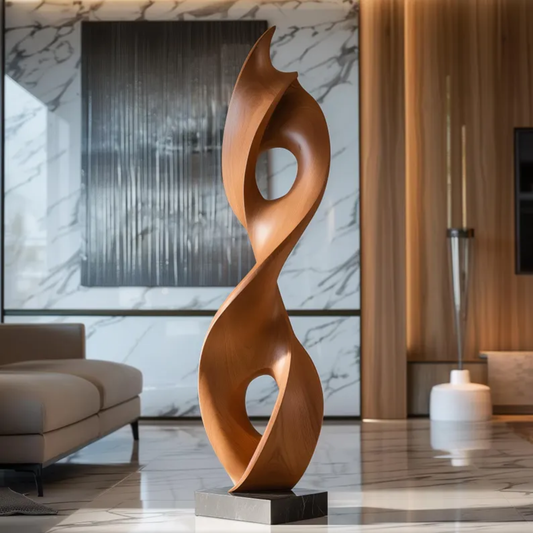 Tall Abstract Wooden Sculpture – Hand-Carved Double Twist Modern Art with Openwork Design for Elegant Home Decor