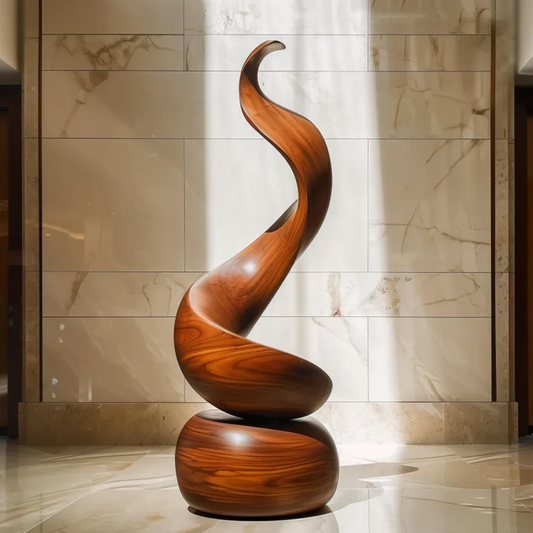 Large Hand-Carved Wooden Flame Sculpture – Abstract Organic Spiral Art, Modern Statement Decor for Luxury Interiors
