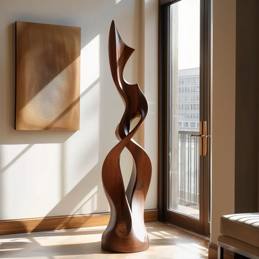 Tall Abstract Wooden Sculpture – Hand-Carved Flowing Modern Art with Dynamic Twisting Design for Luxury Home Decor