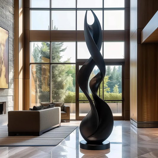 Tall Black Abstract Wooden Flame Sculpture – Large Modern Hand-Carved Organic Art for Luxury Home or Garden Decor