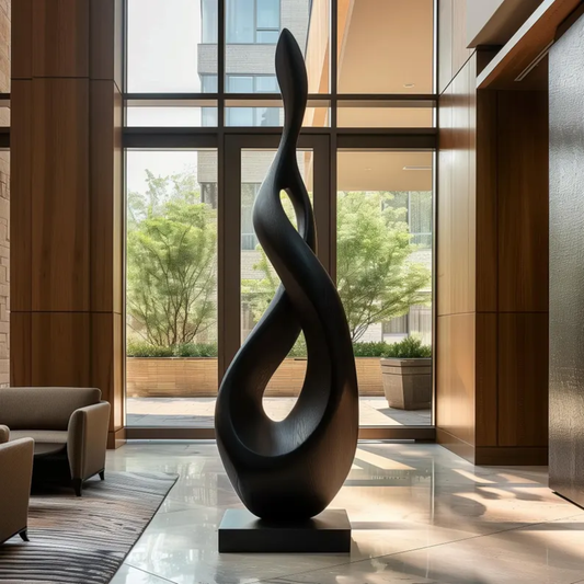 Tall Black Abstract Flame Sculpture – Modern Handmade Wooden Art for Luxury Home and Garden Decor