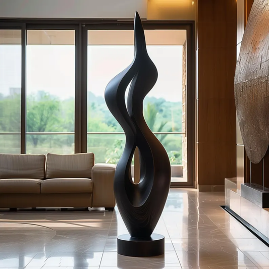 Tall Black Flame Wooden Sculpture | Modern Abstract Floor Art for Luxury Home and Garden Decor
