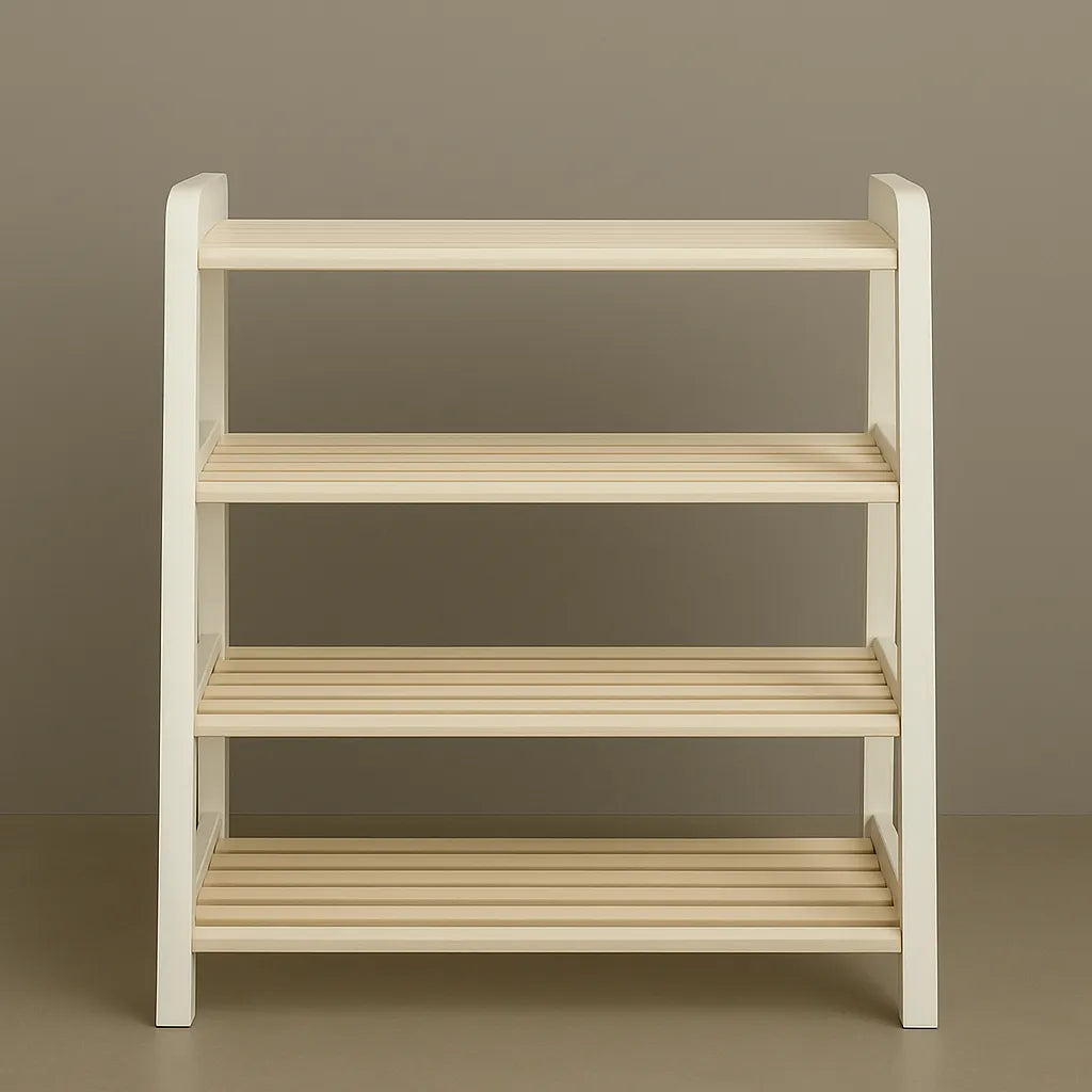 Slatted Wooden Shoe Rack With White Frame And Angled Design