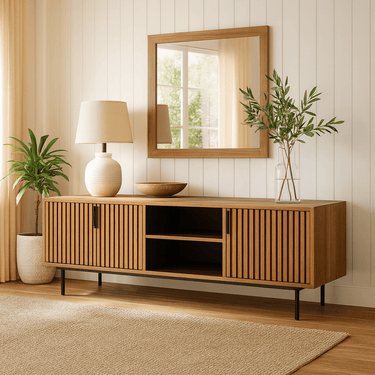 Solid Wood Slatted TV Stand Media Console With Storage