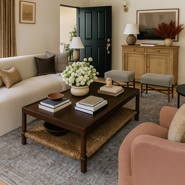 Farmhouse Solid Wood And Woven Rattan Coffee Table For Living Room