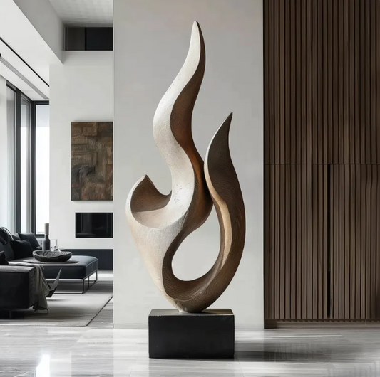 Large Wooden Twin Flames Sculpture – Hand-Carved Double Flame Design | Modern Organic Statement Art for Home & Office Décor