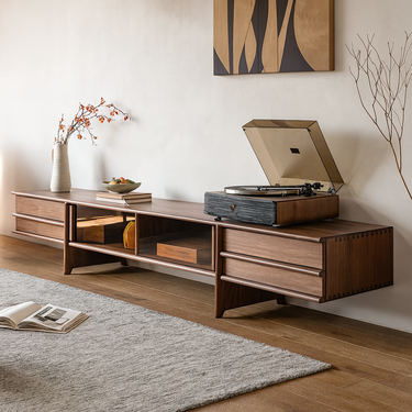 Mid-Century Ash Wood TV Stand With Sliding Doors For Living Room