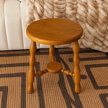 Vintage Ash Solid Wood Round Side Table With Turned Legs