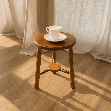 Vintage Ash Solid Wood Round Side Table With Turned Legs