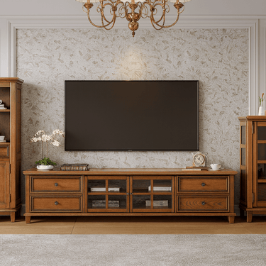 Vintage Solid Wood TV Stand With Glass Doors For Living Room