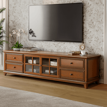 Vintage Solid Wood TV Stand With Glass Doors For Living Room