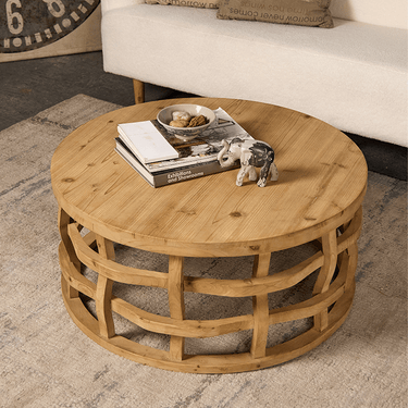 Farmhouse Round Solid Wood Coffee Table For Living Room