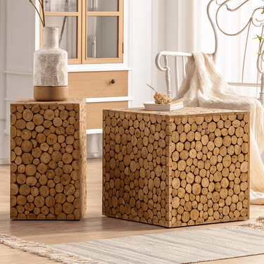 Farmhouse Log Design Solid Wood Side Table For Living Room