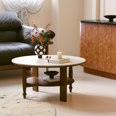 Mid Century Oak Solid Wood Round Marble Top Coffee Table For Living Room
